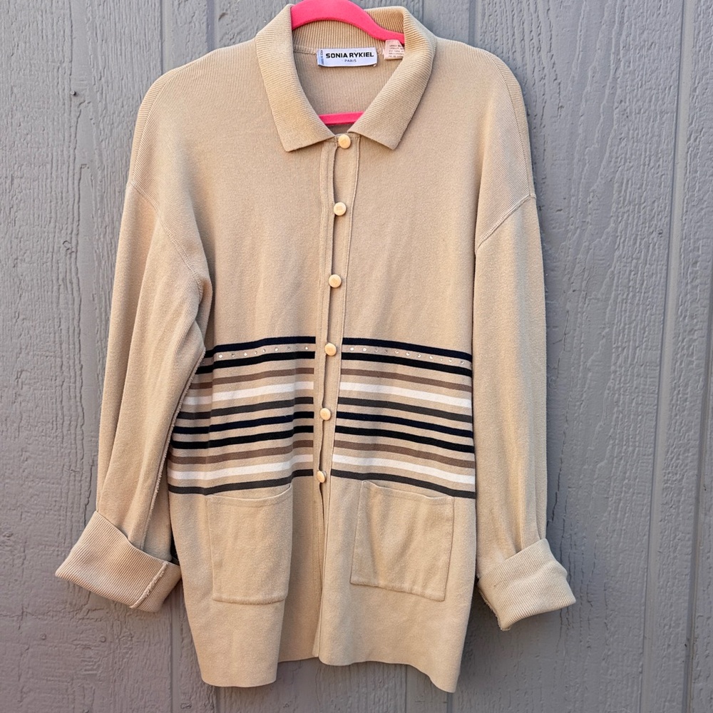 Sonia Rykiel Beige Collared Button-Front Cardigan with Stripes